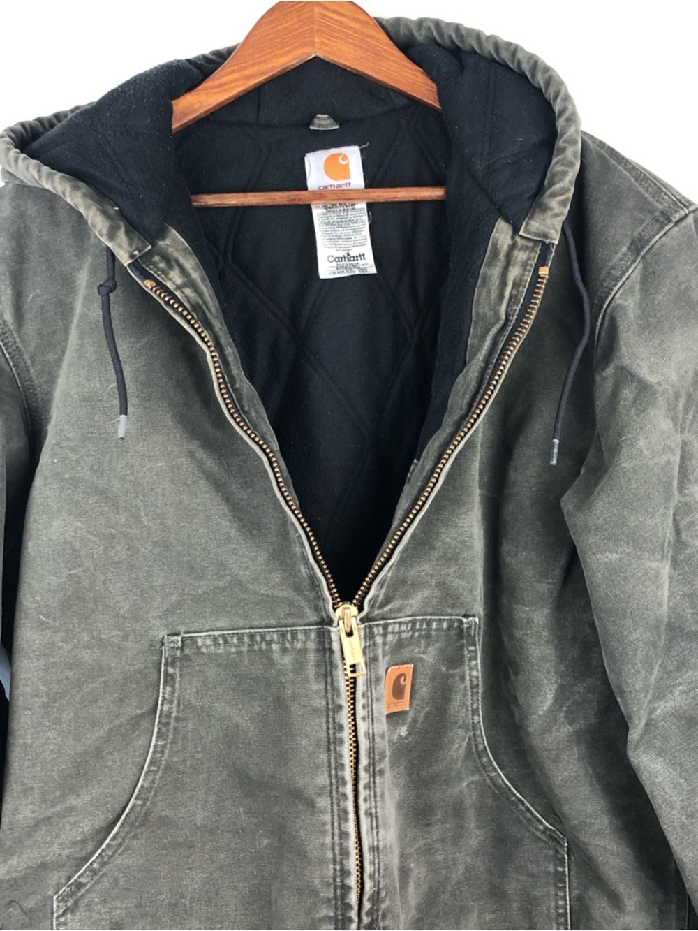Vintage Men’s Carhartt Duck Jacket with Hood and Leather Logo Patch - Picture 3 of 11